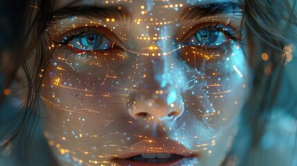 a woman's face in a holographic dreamscape - obrazy, fototapety, plakaty