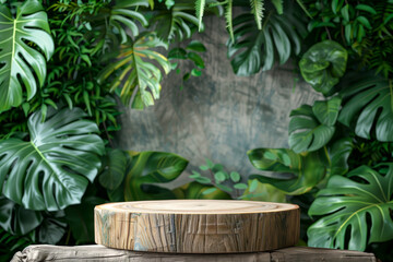 podium and minimal wood product display with tropical leaves background.