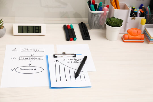 Business process planning and optimization. Workplace with plan, notebook and stationery on white wooden table