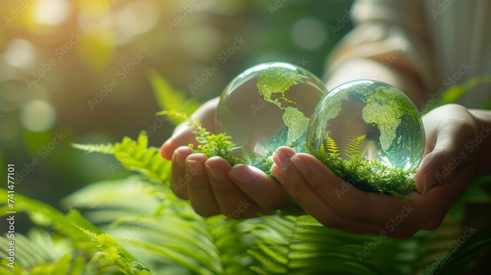 Poster hands holding global communication networks with environmental icon on a green background. concept f