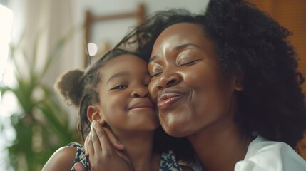 An African little girl is seen kissing her mother on the cheek at home. This is a lovely black female child kissing a cheerful and proud female parent on mother's day. - obrazy, fototapety, plakaty