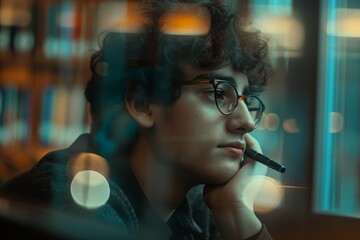 Young man deep in thought, contemplative view through glass.