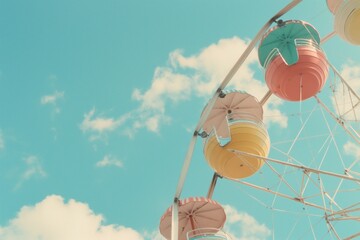 Vibrant Ferris wheel spins under summer skies, lively hues.