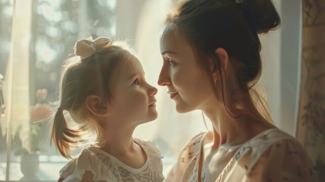 An adorable little girl greets her mother at home on Mother's Day.