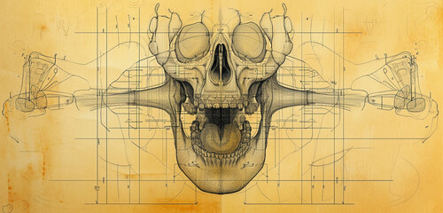 Detailed blueprint of the vocal cords and their anatomical structure, displayed on a warm buttery yellow background