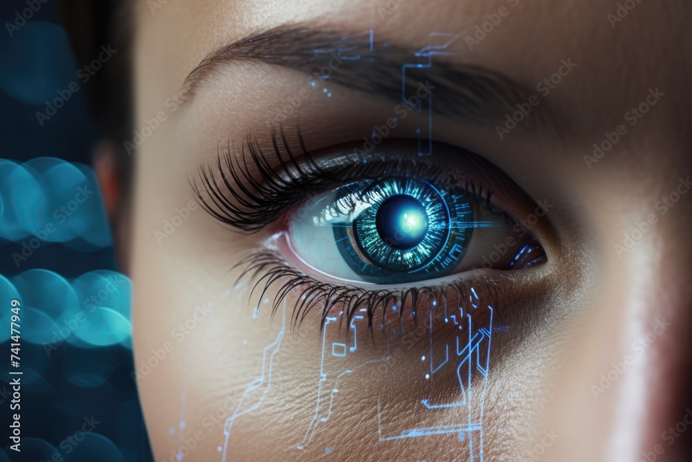 Poster close-up of a person's eye with a futuristic design. suitable for technology concepts