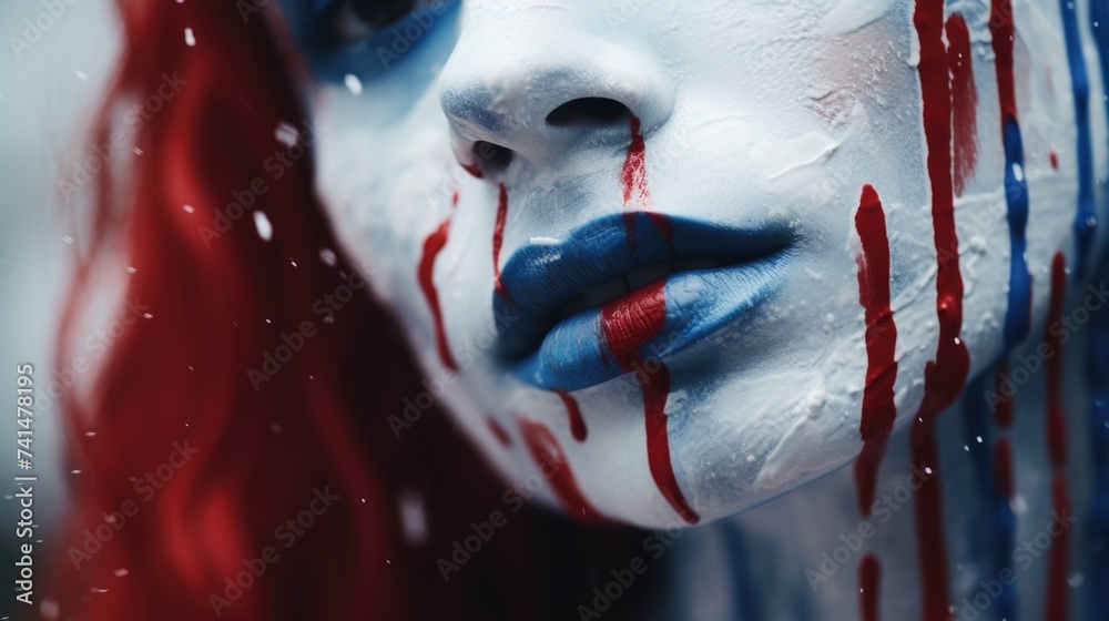 Poster a close up shot of a person with a painted face. suitable for creative projects