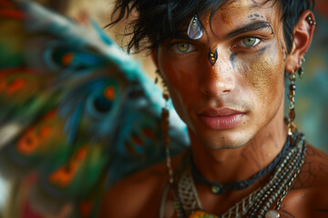 Tribal-inspired male portrait with striking makeup. Generative AI image