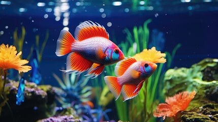 A couple of fish swimming in a tank. Perfect for aquarium or pet store advertisements