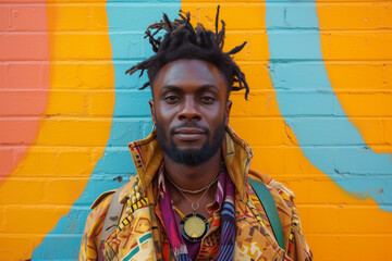 Portrait of young african man against colorful graffiti wall. Generative AI image