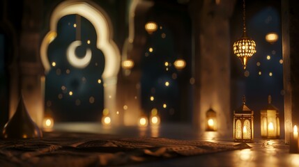 Obraz premium Ramadan Kareem background. Islamic greeting card. Ramadan Kareem's background with mosque and lanterns