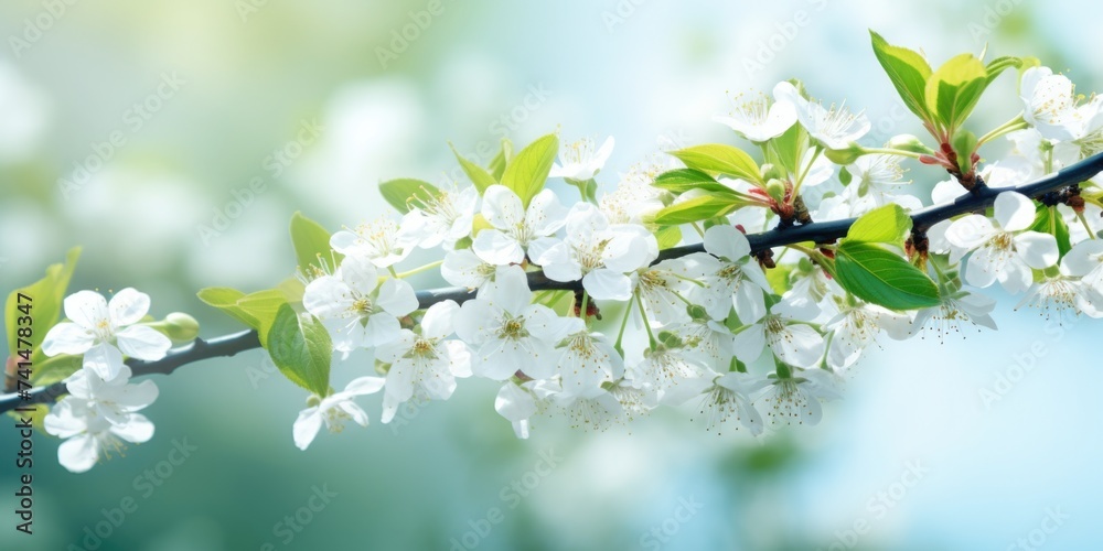 Poster close up of a tree branch with delicate white flowers, suitable for nature and spring themed designs