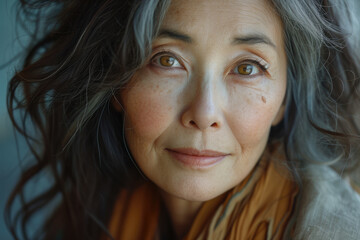 Elegant mature Asian woman with a serene expression. Generative AI image