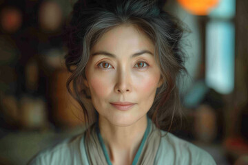 Elegant mature Asian woman with a serene expression. Generative AI image
