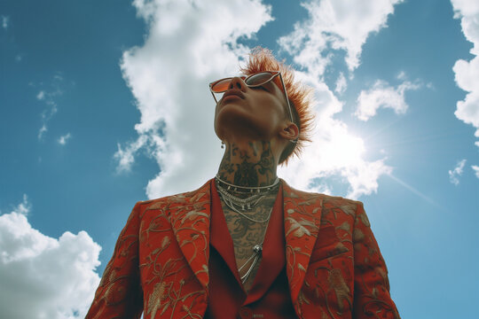 Elegant person in red suit and tattoos under a sunny sky. Generative AI image