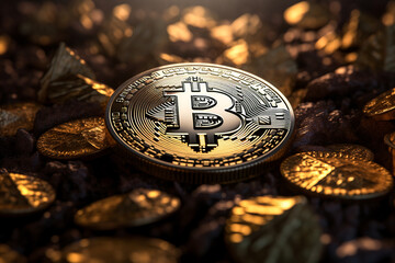 Generative AI illustration of distinguished Bitcoin coin positioned centrally atop a pile of numerous golden Bitcoins, highlighted with a warm light