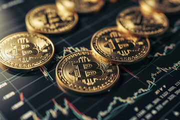 Generative AI illustration of golden Bitcoin tokens neatly aligned on a graph with market trends, symbolizing investment and financial analysis in cryptocurrency