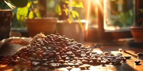 Zelfklevend Fotobehang Coffee lover dream features heap of fresh aromatic espresso beans nestled in rustic sack resting on old wooden table essence of rich aroma seemingly wafting through air © Bussakon