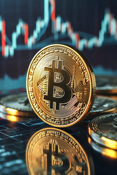 Generative AI illustration of golden Bitcoin coin stands upright against a backdrop of a downward trending stock market chart