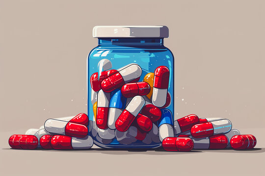 Generative AI illustration of transparent blue bottle overflowing with red and white capsule pills against a neutral background, with additional capsules scattered around the base background
