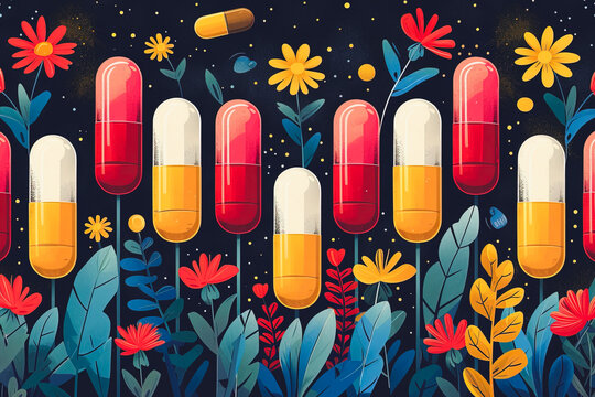 Generative AI illustration of vibrant illustration of colorful capsule pills floating above a whimsical garden of flowers and plants against a dark starry background