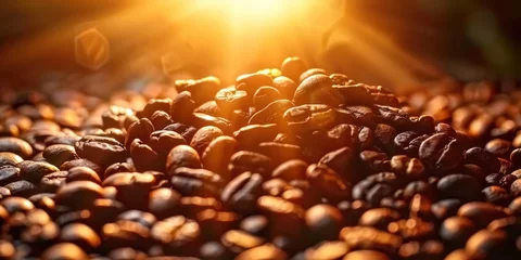 Tuinposter Coffee lover dream features heap of fresh aromatic espresso beans nestled in rustic sack resting on old wooden table essence of rich aroma seemingly wafting through air © Bussakon