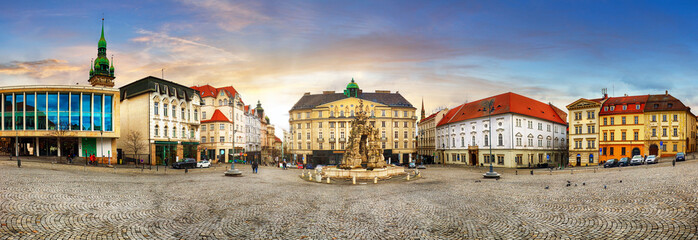 Brno - panorama of Zeleny trh square at dramatic sunset, Czech Republic