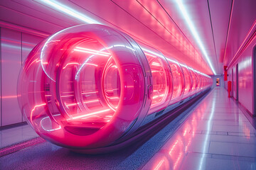 Generative AI illustration of sleek, futuristic transit capsule with a glossy finish and neon lights inside a modern, illuminated corridor
