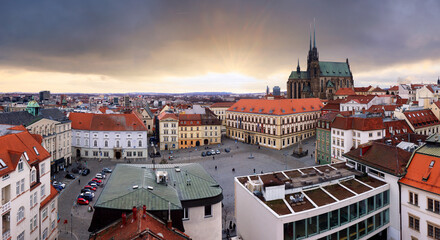 Old Town with Christmas Market and Cathedral of St. Peter and Paul in Brno, Czech Republic as Seen from City Hall Tower at Night - 741478773
