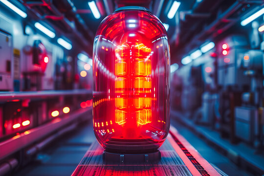 Generative AI illustration of futuristic red capsule with illuminated segments in a high-tech industrial setting, resembling a sci-fi energy core or power source - Powered by Adobe