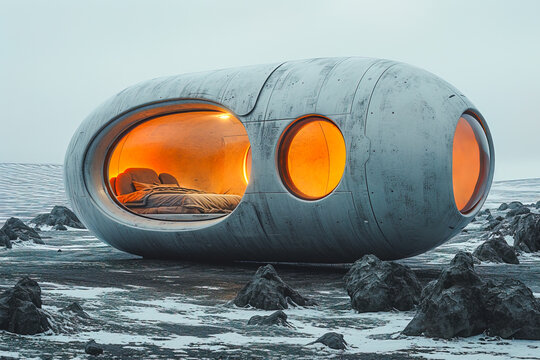 Generative AI illustration of modern capsule habitat with glowing orange windows on a barren icy landscape at dusk
