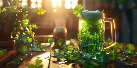 Festive St Patricks Day theme with green beer and clovers. Concept St Patricks Day, Green Beer, Clovers, Festive Theme