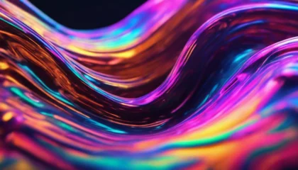 Fotobehang Abstract fluid iridescent holographic neon curved wave in motion colorful background 3d render © Anna