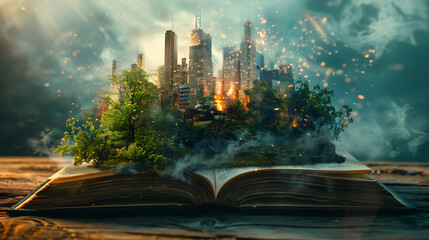 An open book with scenes of business imagination, surrealism, and movie lighting effects