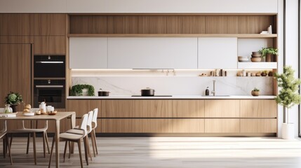 Modern kitchen interior with wooden cabinets and white countertop. Suitable for home decor and interior design concepts - obrazy, fototapety, plakaty