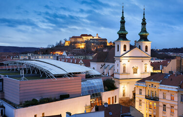 Czech Republic - Brno skyline at night with sqaure and cathedral Petrov - 741479167