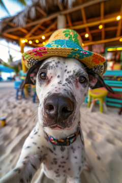 Cheerful dog with sombrero on tropical beach vacation. Generative AI image