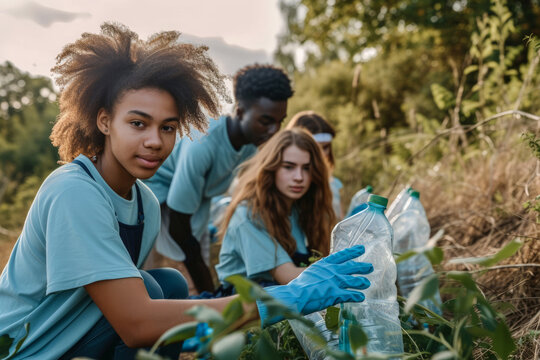 Generative AI illustration of young volunteers wearing matching blue shirts and protective gloves are picking up plastic bottles in a green, outdoor setting