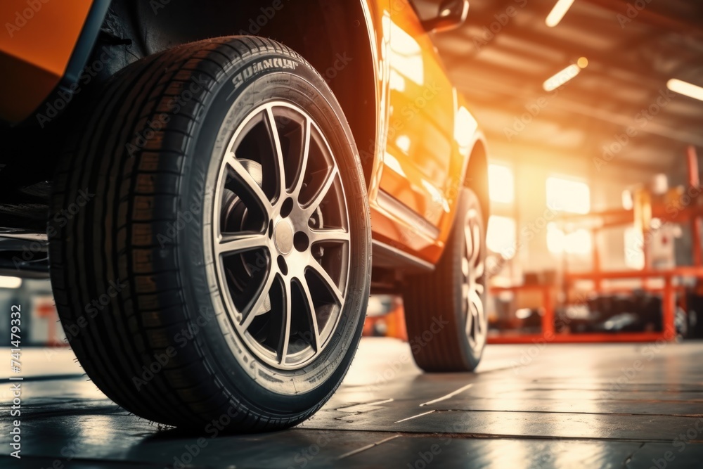 Poster close up of a tire on a vehicle in a garage. ideal for automotive and maintenance concepts