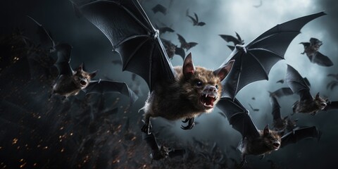Group of bats flying through the air, suitable for Halloween themes - obrazy, fototapety, plakaty