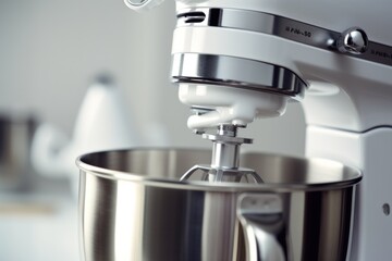 A white mixer with a metal bowl, perfect for kitchen and baking concepts