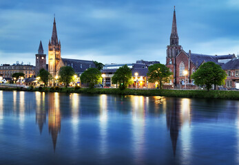 Inverness with two churches at night, Scotland - 741479770