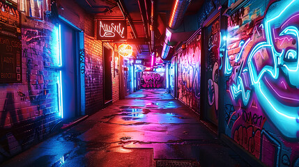 The walls are splashed with neon graffiti giving off a cool urban vibe.
