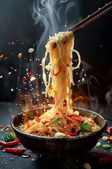 Appetizing pasta with peppers on Chinese sticks. Photo for menu. High resolution