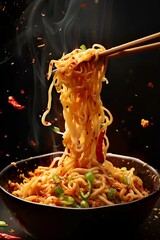 Appetizing pasta with peppers on Chinese sticks. Photo for menu. High resolution