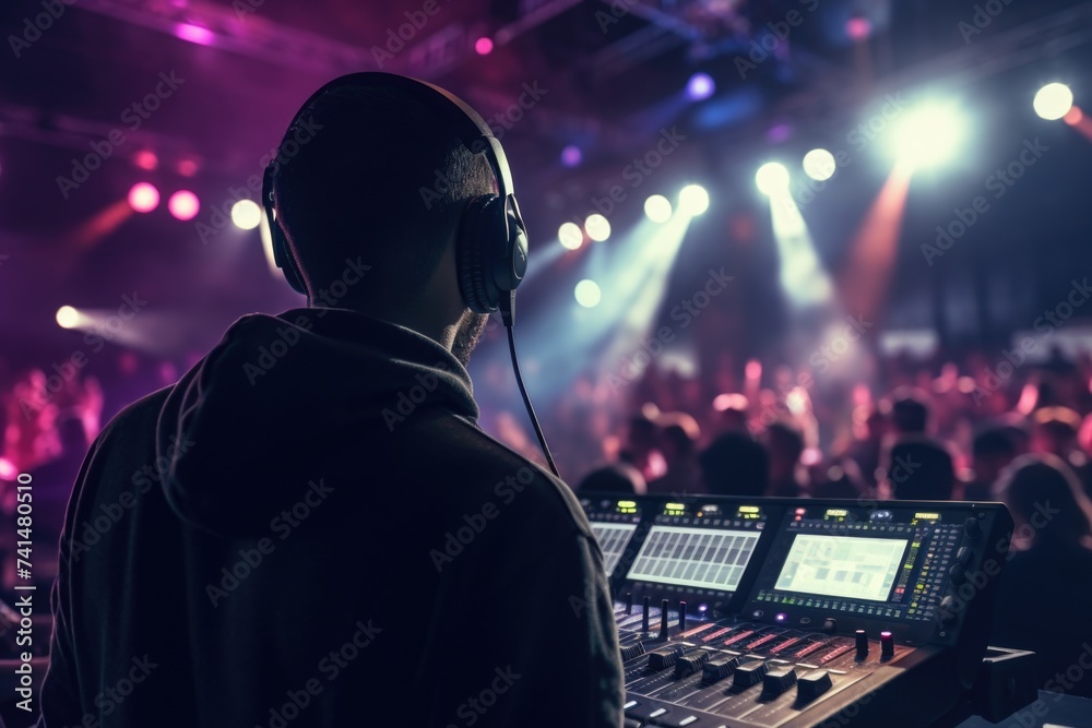 Poster a man standing in front of a sound board. perfect for music production projects