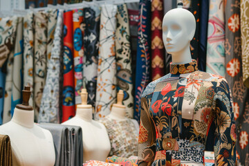 mannequin standing amidst bolts of fabric and design sketches, embodying the spirit of creativity in the atelier, photo