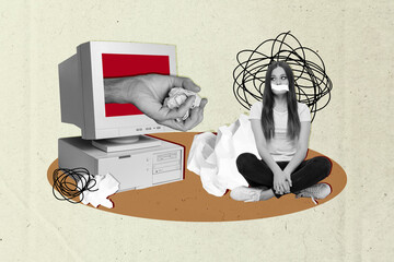 Creative photo collage young upset woman sit muted speechless computer monitor screen hand paper...