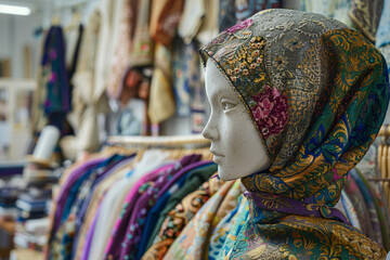 mannequin draped in luxurious fabrics, serving as a muse for designers in the atelier, photo