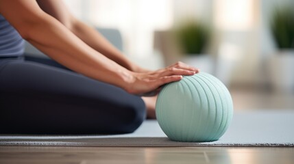 A woman sitting on a yoga mat with a ball. Suitable for fitness or exercise concepts - obrazy, fototapety, plakaty